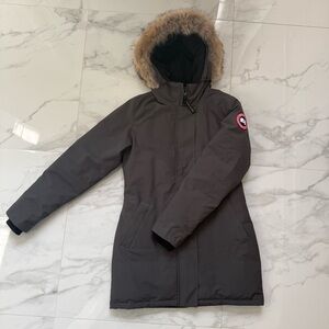 Canada Goose Victoria Parka in Graphite, with Red Logo Patch